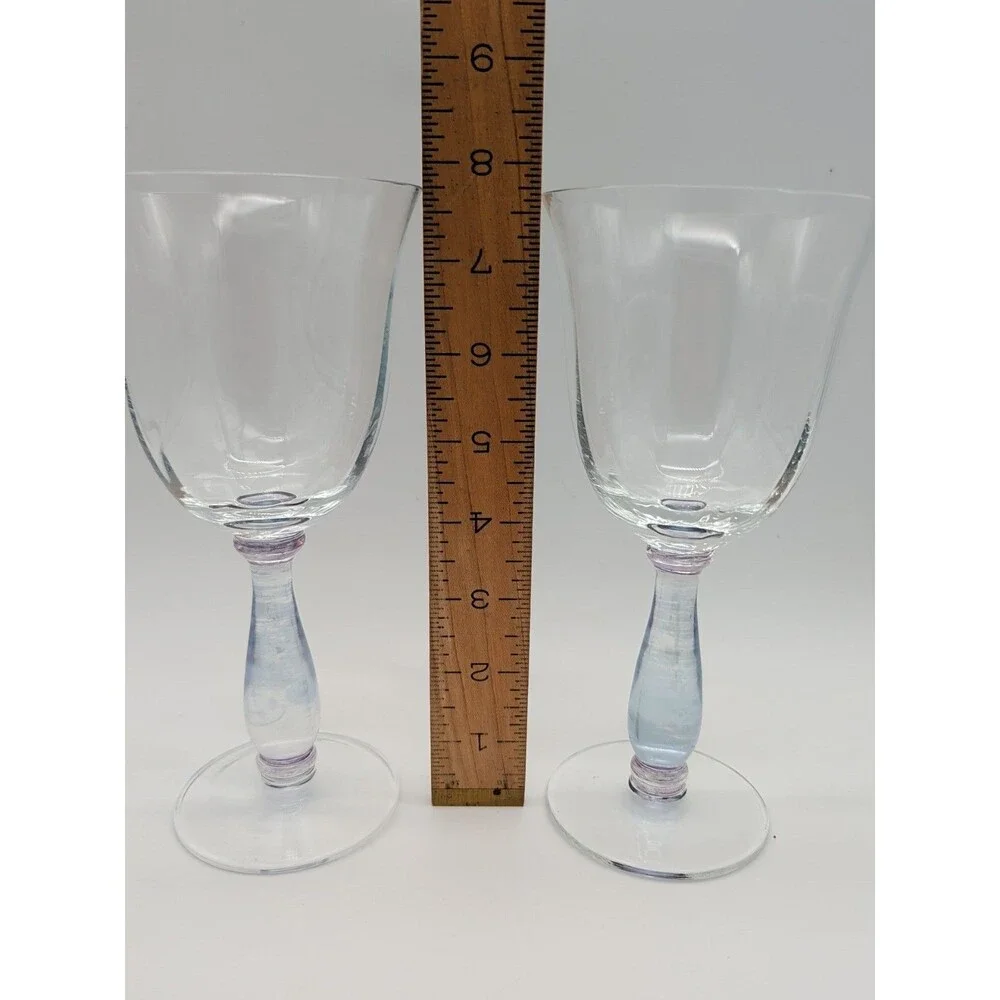 Vintage Optic Glass Water Goblets Set Of Two Blue Purple Stems